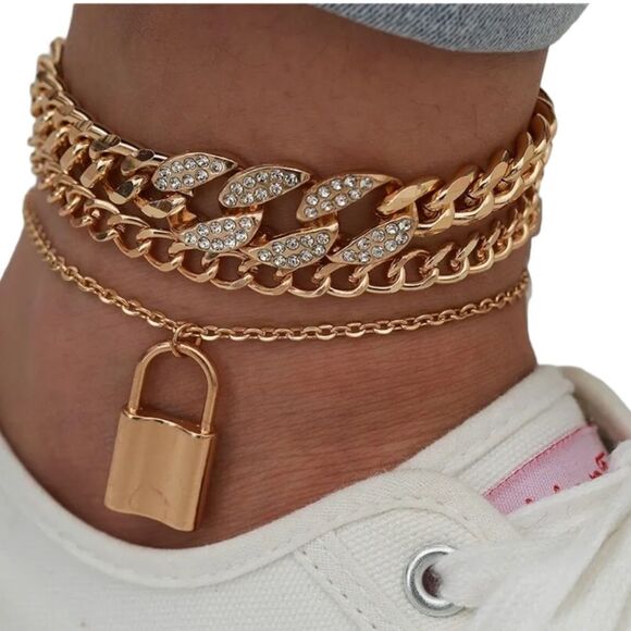 Gold Chunky Glittery Lock Charm Stacked  Bracelets Anklet Set 3 pcs - Picture 1 of 4